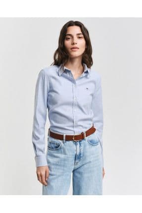 Kadın Mavi Slim Fit Klasik Yaka Oxford Gömlek