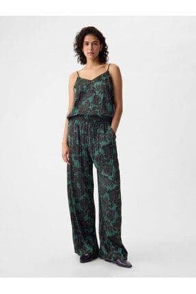 Kadın Yeşil Crinkle Saten Pantolon