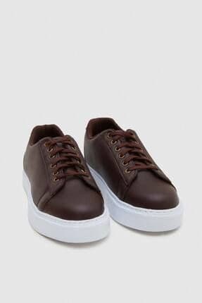 Kahverengi Kalın Beyaz Tabanlı Bağcıklı Sneaker Ayakkabı