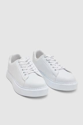 Beyaz Kalın Beyaz Tabanlı Bağcıklı Sneaker Ayakkabı