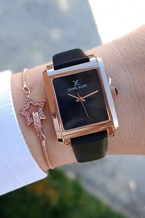 Rose Gold Dikdörtgen Kasa Siyah Deri Kayışlı Kadın Kol Saati, Taşlı Bileklik Hediyeli