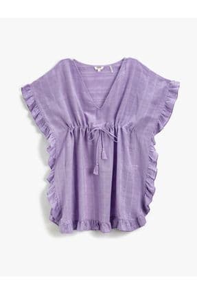 Dokulu Kimono V Yaka Beli Büzgülü Kolları Fırfırlı Püskül Detaylı