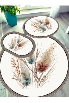 Pampas Desen - Pamuk Dokuma Taban, Yuvarlak Banyo Halısı (100x100-60x60-40x60 Cm 3'lü Set)