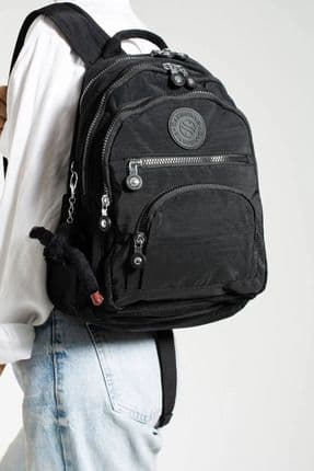Unisex Suya Dayanıklı Krinkıl Kumaş Çok Gözlü Orta Boy Siyah Laptop Okul Ve Sırt Çantası