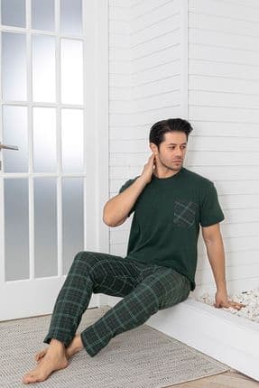 Erkek Ekoseli Cepli Kısa Kollu Pijama Takımı