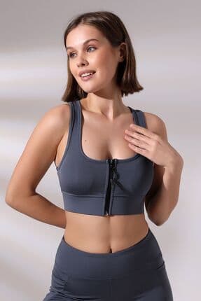 Füme Fermuarlı Spor Büstiyer - Sports Bra / Crop Destekli Spor Sütyeni