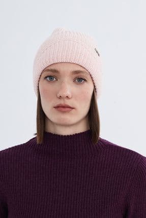 Kadın Açık Pembe Triko Akrilik Dokulu Yumuşak Bere Logolu Esnek Kışlık Çift Katlamalı Basic Perf