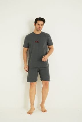 füme Kısa Kollu Örme Nakışlı Erkek Şort-Pijama Takım 7820