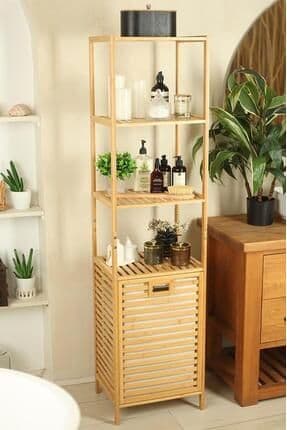 Bambu Kirli Sepetli 4 Raflı Çok Amaçlı Banyo Düzenleyici Çamaşır Sepeti Organizer Db-0009