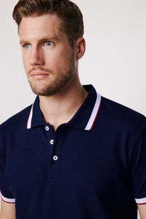Erkek Slim Fit Dar Kesim %100 Pamuk Düz Pike Kol Şeritli Lacivert Polo Yaka Tişört