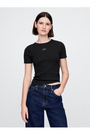 Kadın Siyah Modern Kısa Logo tshirt