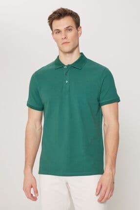 Erkek Koyu Yeşil %100 Pamuk Kıvrılmaz Pike Polo Yaka Slim Fit Dar Kesim Tişört