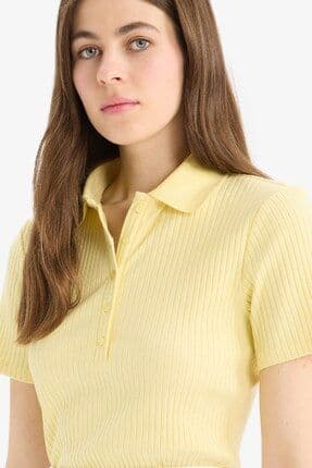 Slim Fit Dar Kesim Fitilli Kaşkorse Kısa Kollu Polo Sarı Tişört E6577ax25sp
