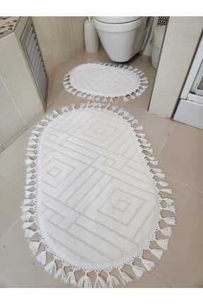 Yıkanabilir Saçaklı Kaymaz Dot Taban Yumuşak Desenli Banyo Paspası 2'li Set 60x100ve40x60cm
