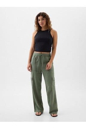 Kadın Haki Keten Karışımlı Wide-leg Kargo Pull-on Pantolon