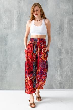 Kırmızı Etnik Desenli Kadın Şalvar Yoga Pantolonu %100 Viskon Çift Cepli - 2460