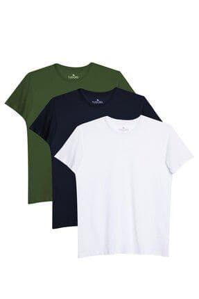 Unisex 3'lü Paket Lacivert-Beyaz-Haki Rengi Slim Fit Dar Kesim %100 Pamuk Bisiklet Yaka Tişört