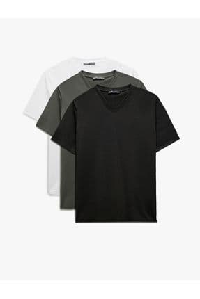 V Yaka Pamuklu Slim Fit Basic 3'lü Erkek Tişört Seti