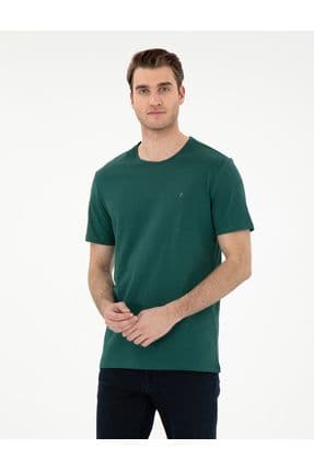 Koyu Yeşil %100 Pamuk Slim Fit Bisiklet Yaka Basic Tişört 50306980-vr079
