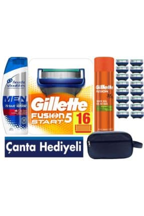 Fusion Start 16 Yedek Tıraş Bıçağı - Gillette Fusion 200 ml Jel +300 ML Şampuan+ Çanta