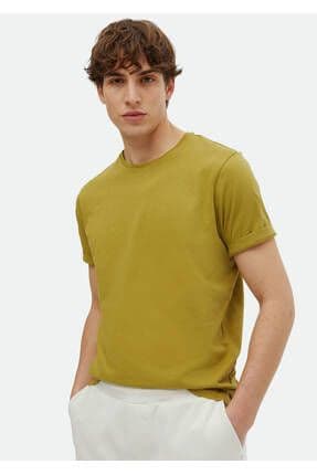 Yağ Yeşili Baskılı Bisiklet Yaka %100 Pamuk T-Shirt