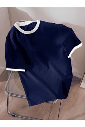 Unisex Erkek/Kadın Lacivert Beyaz Yaka Düz Oversize Pamuklu T-Shirt Tişört