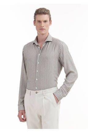 Bej Baskılı Regular Fit Dokuma Casual Gömlek