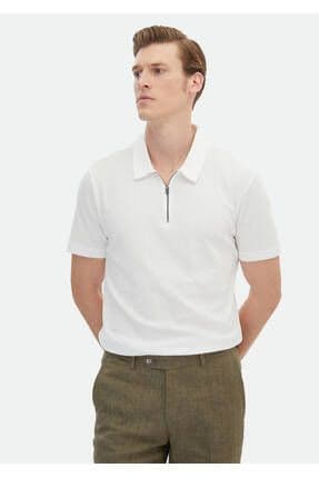 Ekru Jakarlı Polo Yaka %100 Pamuk T-Shirt