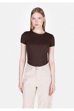 Slim Fit Yuvarlak Yaka Düz Kadın Kahverengi Kısa Kol Tişört