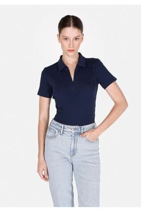 Slim Fit Polo Yaka Düz Kadın Lacivert Kısa Kol Tişört
