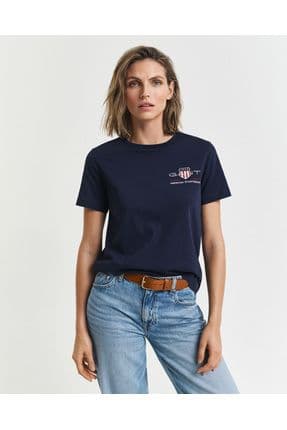 Kadın Lacivert Regular Fit Bisiklet Yaka Logolu T-shirt
