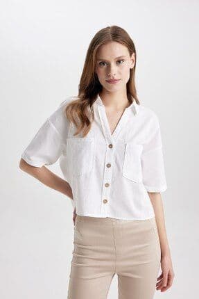 Boxy Fit Keten Karışımlı Kısa Kollu Gömlek V2523az24sm