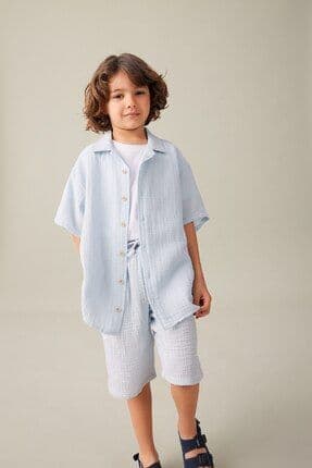 Erkek Çocuk Oversize Geniş Kalıp Polo Yaka Müslin Kısa Kollu Gömlek W3239a624hs
