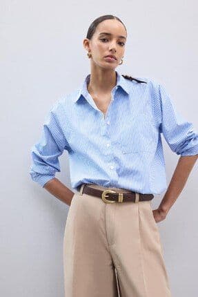 Coool Oversize Geniş Kalıp Çizgili Poplin Uzun Kollu Gömlek E5329AX25SP