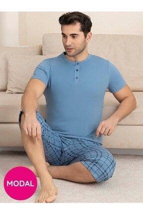 Erkek Mavi Bisiklet Yaka 3 Düğmeli Ekose Desen Modal Kısa Kol Cepli Kapri Pijama Takımı