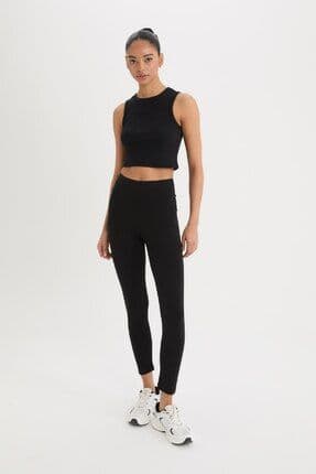 Fit Siyah Yüksek Bel Beli Saran Pamuklu Basic Düz Sporcu Tayt Z6327az25sp