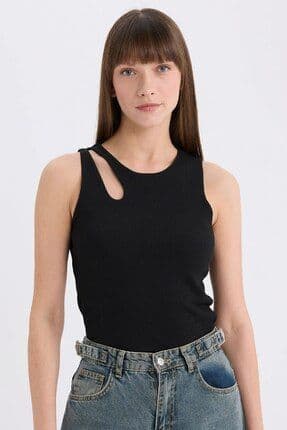 Slim Fit Dar Kesim Bisiklet Yaka Fitilli Kaşkorse Siyah Atlet A3422ax25sp