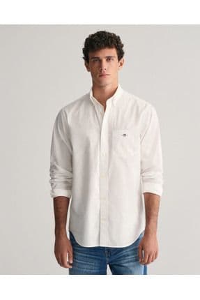 Erkek Beyaz Regular Fit Düğmeli Yaka Poplin Gömlek