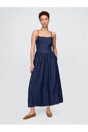 Kadın Lacivert Denim Maxi Elbise