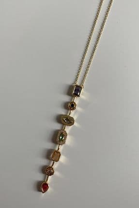 Steel Çok 7 Element Renkli Taşlı Y Kolye Modeli Gold