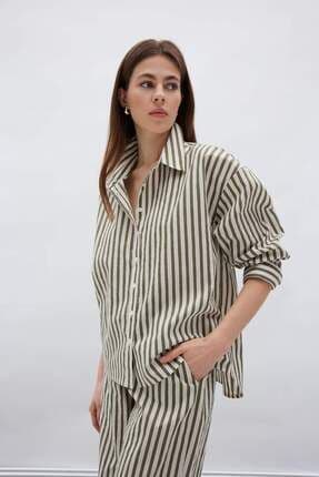Loose Fit Çizgili Poplin Uzun Kollu Gömlek F0403AX25SM