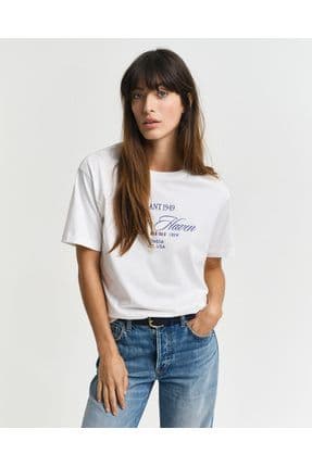 Kadın Krem Relaxed Fit Bisiklet Yaka Logolu T-shirt