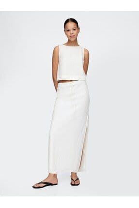 Kadın Beyaz Linen-blend Midi Etek
