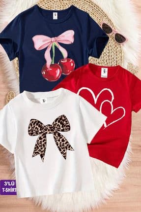 Kurdale Ve Kalp Baskılı 3'lü Paket Lacivert-Kırmızı-Beyaz Kız Çocuk T-shirt