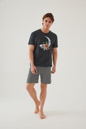 Erkek Pamuklu Füme Baskılı Cepli Şort Pijama Takımı