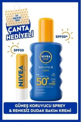 Sun Koruma Ve Nem Vücut Spreyi 200ml Ve Yüksek Güneş Korumalı Dudak Bakım Kremi, Spf50, Çanta Hediye