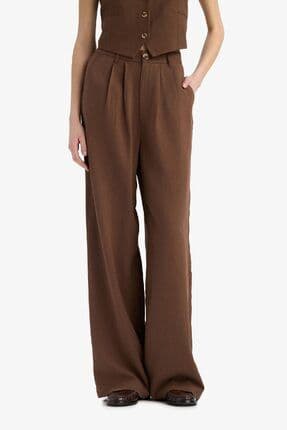 Wide Leg Fermuarlı Normal Bel Standart Boy Geniş Paça Keten Karışımlı Palazzo Pantolon E6210ax25sp