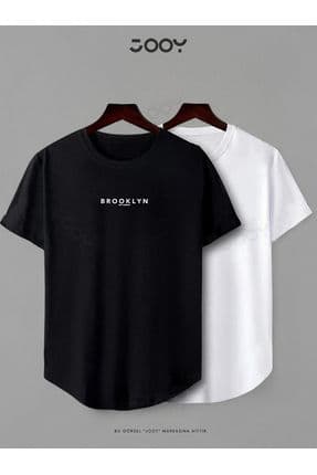 Brooklyn Jc Baskılı Siyah Beyaz Oval Kesim Tshirt 2'li Set