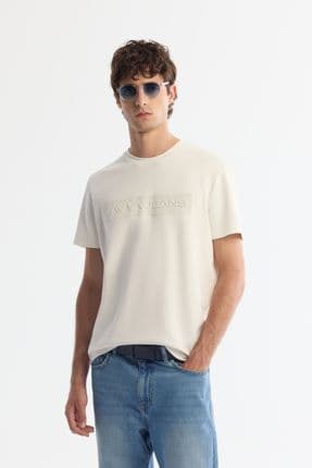 Erkek Ekru Bisiklet Yaka Baskılı Elastan T-shirt A42y1011