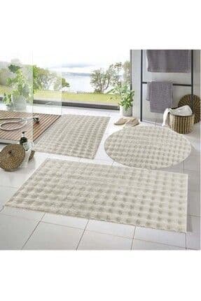 Balat Halı 3' Lü Kaymaz Taban Bubble Peluş Banyo Paspası Krem 50x50(YUVARLAK)-50x50 Ve 50x70